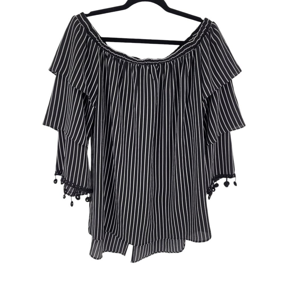 Mishca womens XL black white stripe tiered ruffle tassel hem off shoulder blouse